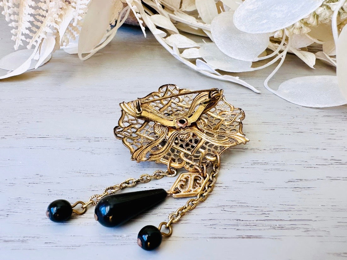 Black Vintage Brooch, Antique Bronze Filigree Brooch with Black Cameo & Chain Tassels Romantic Vintage Pin Victorian Revival Gifts for Her