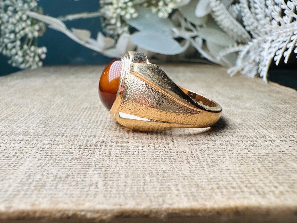 Tigers Eye Ring, Vintage Gold Gemstone Statement Ring, Chunky Unisex 1970s Cocktail Ring