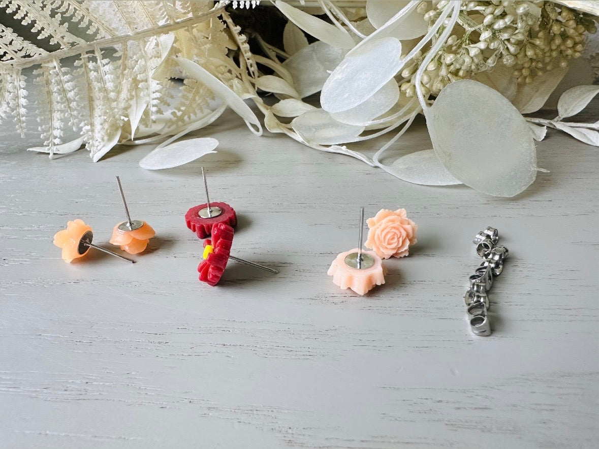 Flower Earrings Gift Set, Juicy Melon Rose, Deep Red Gerber Daisy, Summer Peach Rose, Cute Floral Hypoallergenic Post Earrings for Girls