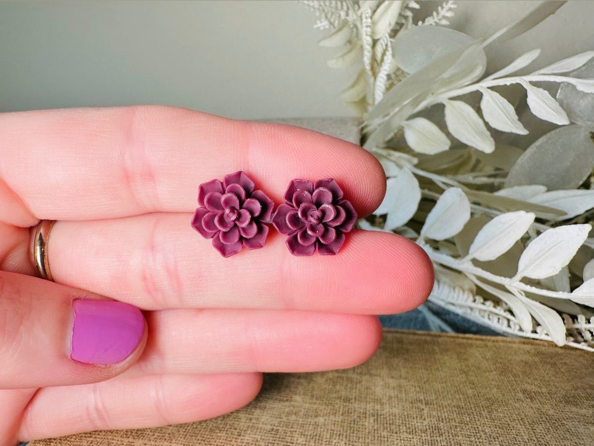 Wine Flower Earrings, Matte Succulent Earrings, 13mm Hypoallergenic Post Earrings, Boho Floral For Everyday Wear Earrings