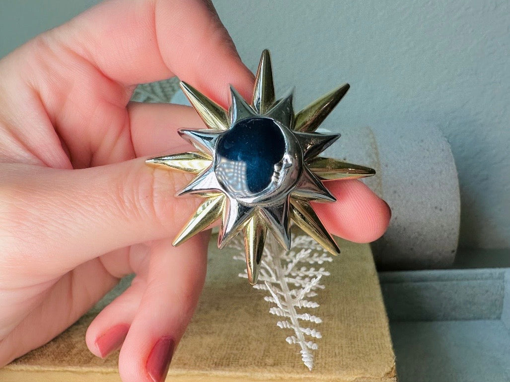 Vintage Liz Claiborne Star and Moon Pin, LCI Celestial Brooch in Gold and Silver with Midnight Blue Enamel
