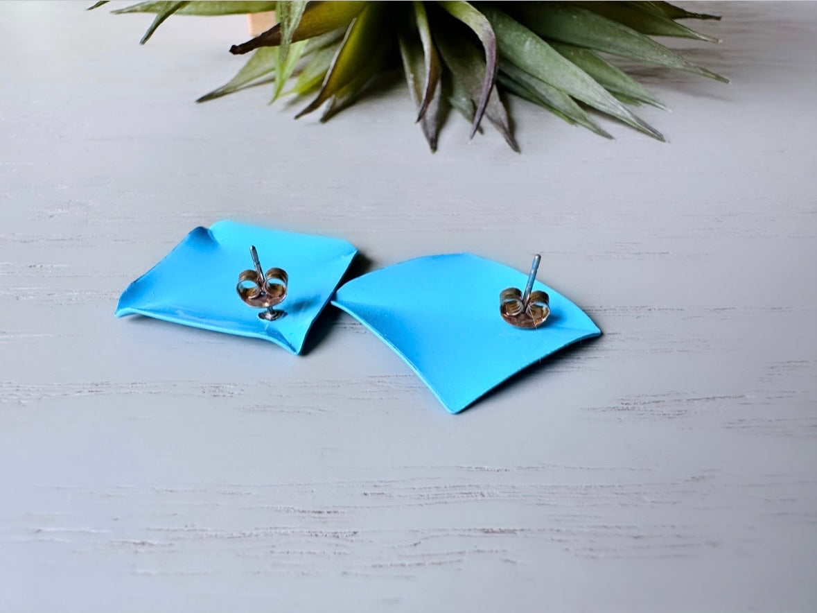 Sky Blue Vintage 1980's Square Stud Earrings, Big Geometric Opaque Enamel Earrings, Vintage Tiffany Blue Pierced Post Earrings, Funky Retro
