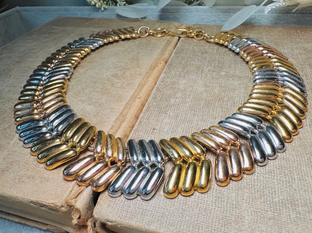Vintage Monet Collar Necklace, Striking Tritone Cleopatra Choker in Gold, Silver + Copper, Chunky Herringbone Articulated Statement Necklace