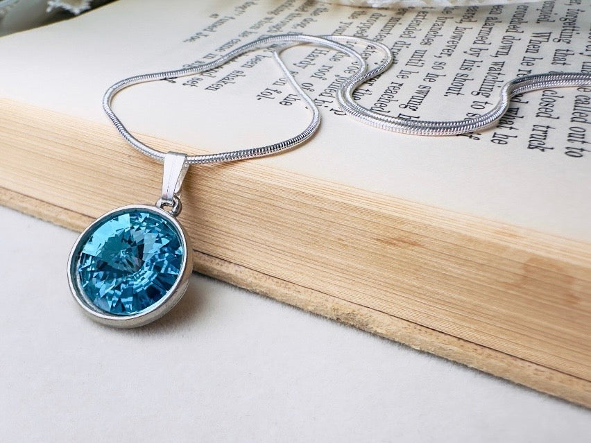 Aquamarine Birthstone Necklace, Swarovski Crystal Blue Rivoli Pendant on Silver Snake Chain