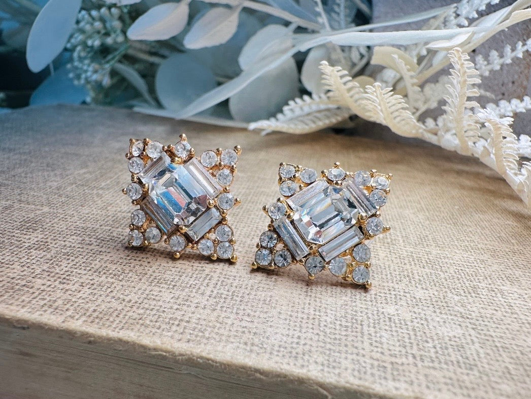 Art Deco Monet Crystal Earrings, Vintage Multi Stone Maltese Cross Rhinestone Designer Earrings, Gorgeous Pierced Post Cocktail Earrings
