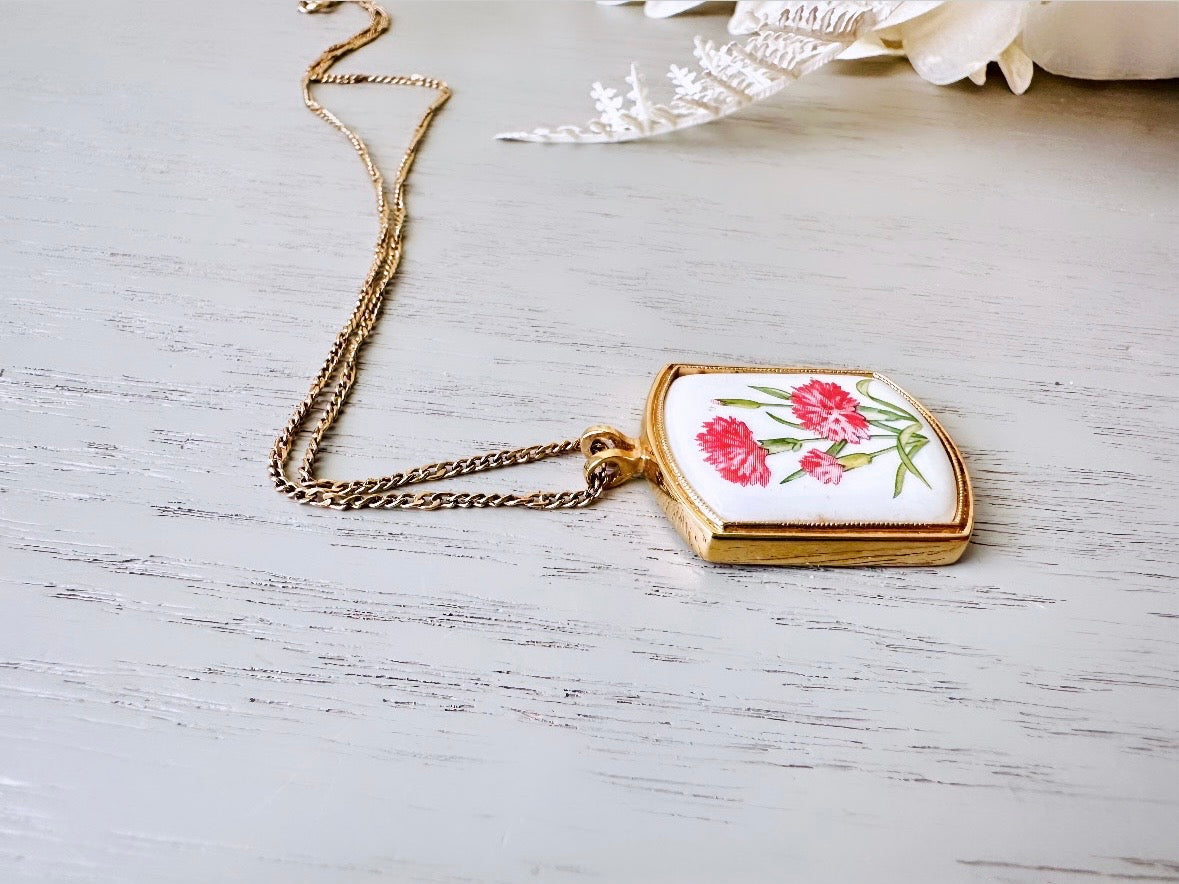 January Birthflower Necklace, Pink Carnation January Birthday Necklace, 1980 Floral Heritage Porcelain & Gold Botanical Flower Pendant