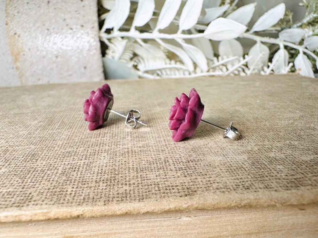 Wine Flower Earrings, Matte Succulent Earrings, 13mm Hypoallergenic Post Earrings, Boho Floral For Everyday Wear Earrings