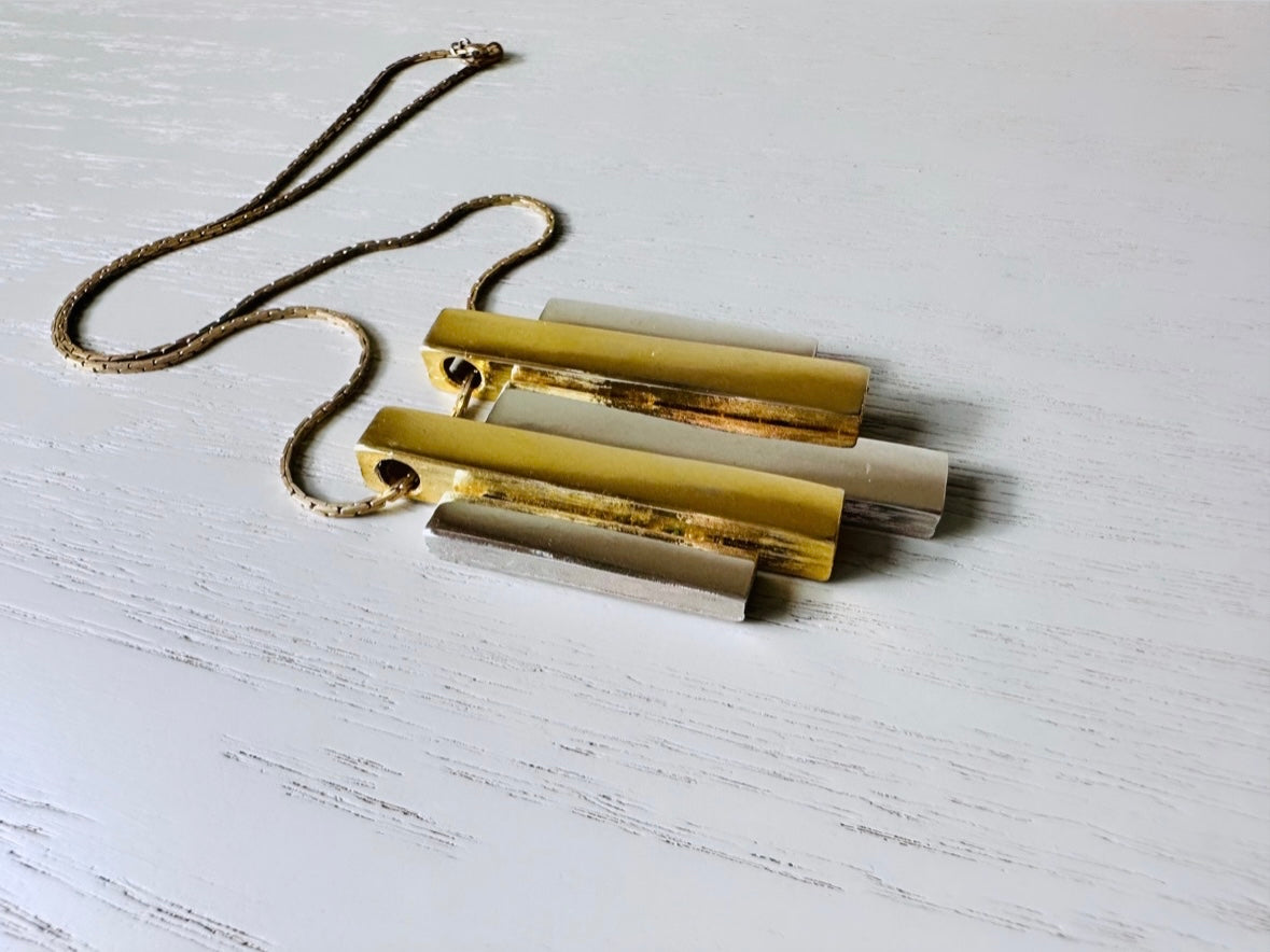 1976 Silver and Gold Avon Pendant Necklace, Mid Century Modern Goldtone and Silvertone 20" Two Tone Geometric Pendant Vintage Necklace