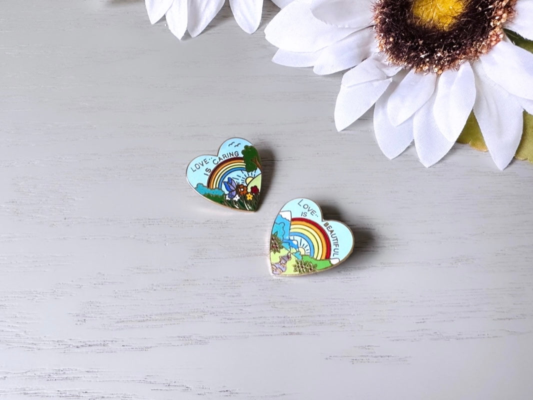 Vintage Rainbow Heart Pins Duo, Set of Two Rainbow Pins 1970s Vintage, Love is Caring, Love is Beautiful, Love is Love, Friendship Pride