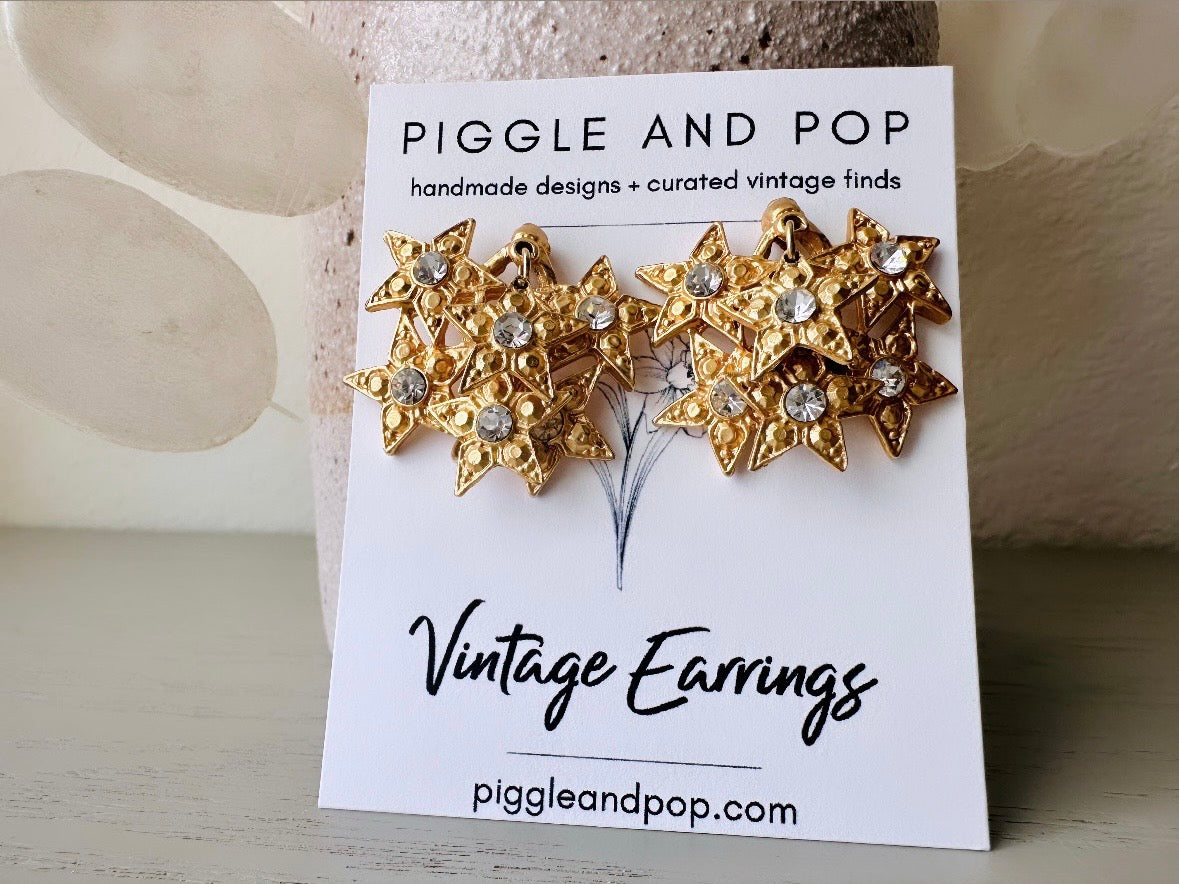 Vintage Star Earrings, 1980s Gold and Rhinestone Star Clip-On Statement Earrings, 1980s Jem & the Holograms Oversized Vintage Star Earring