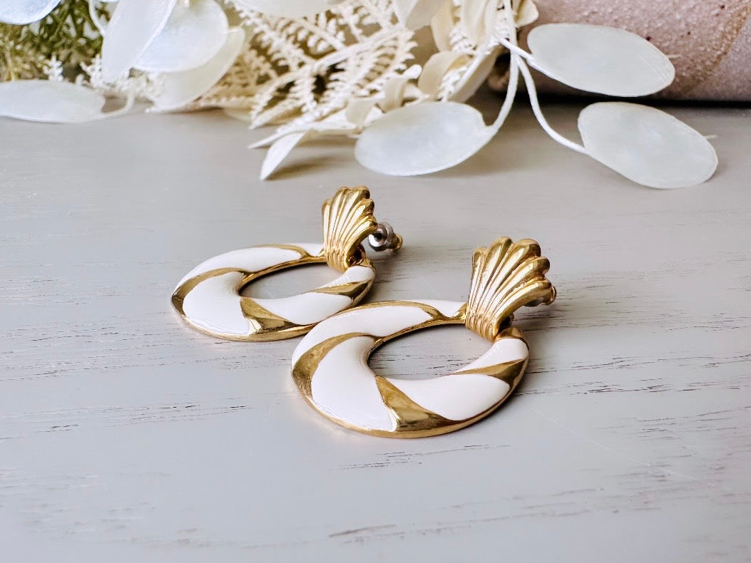 Vendome Cream and Gold 80's Door Knocker Earrings, Vintage Vendome Pierced Earrings, 1980s Designer Jewelry Gorgeous Hoop Post Earring