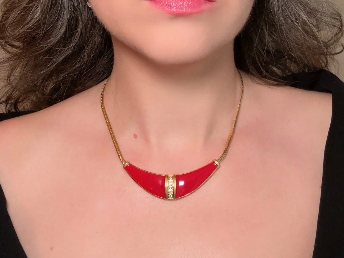 Red Vintage Necklace, Stunning Gold Collar Necklace with Bright Red Enamel Crescent Bar Pendant, 80s Etruscan Necklace w Rhinestone Details