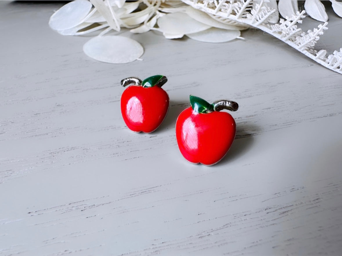 Red Apple Earrings, Vintage Apple Pierced Earrings, Small Enamel 1980's Earrings, Silver and Red Apple Stud Earring, Cute Teacher Gifts