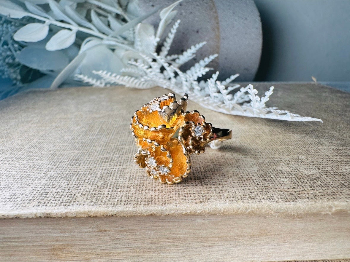 Vintage Statement Ring, Napier Ruffled Gold Flower Ring with Swarovski Crystal Accents, Chunky Multi Stone Cocktail Ring 18K Size 6 EUC