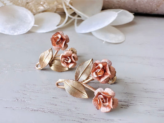 Gold Rose Earrings, Gorgeous Dainty Vintage Screwback Earrings, Sculptutal Rose Gold Leaf Mesh Rose Nonpierced Earrings, Krementz Jewelry