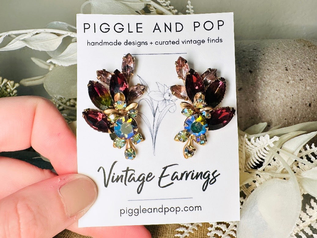 Vintage Rhinestone Earrings, Stunning Plum Pink and Green 1960s Cocktail Earrings, Sparkling Marquise Cut Amethyst Wing Statement Earrings
