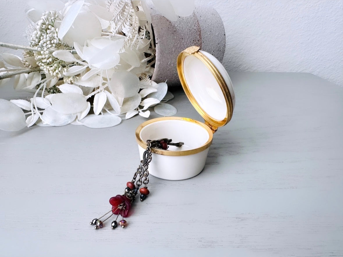 Vintage Lenox Trinket Box, Retired Bouquet of Flowers Vintage Porcelain Vanity Dresser Mini Jewelry Box Cream Gold Accents Magenta Flowers