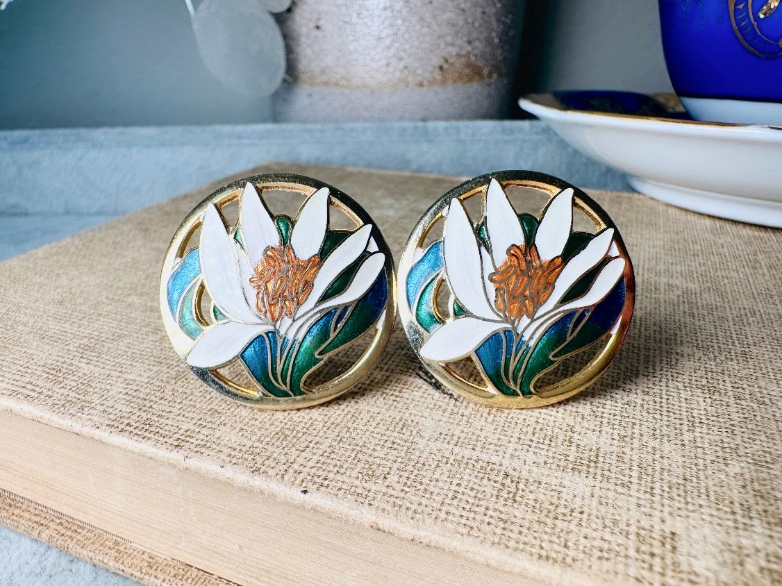 White Lily Clip On Earrings, Unique Enamel Cut Out Earrings, Gorgeous Vintage Lily Earrings in Gold, Green and Blue Cloisonné Earrings