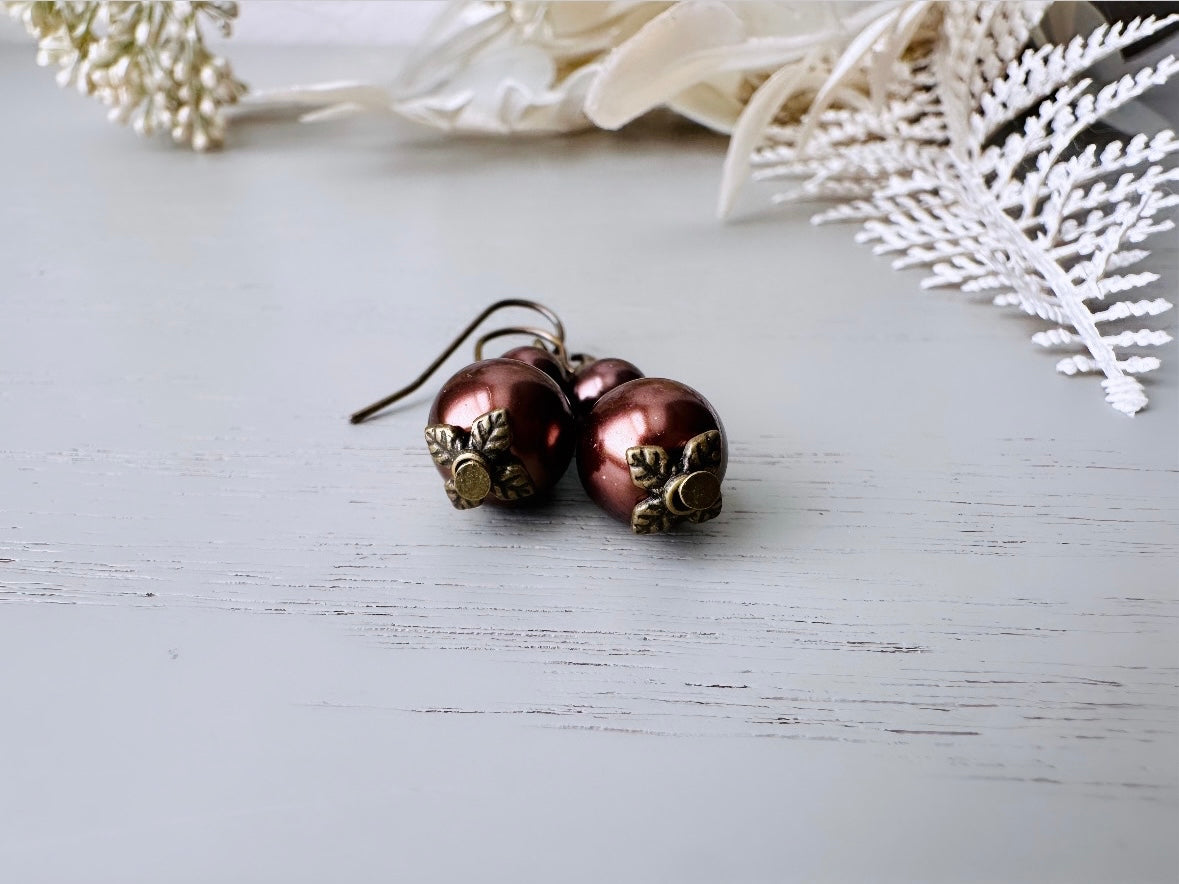 Bridgerton Pearl Earrings in Chocolate Brown, Handmade Beaded Drop Earrings w Antique Bronze Floral Accents, Regency Era Vintage Inspired