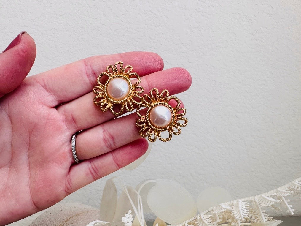 Vintage Blush Pearl Earrings, Gorgeous Pink Faux Pearl Cabochon & Burnished Gold Floral Clip On Earrings
