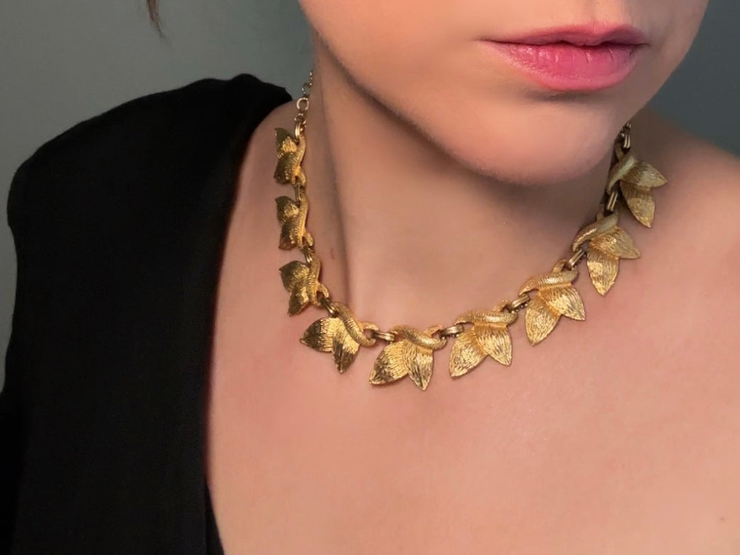 Gold Leaf Necklace, 1960s Vintage Golden Leaves Choker by Tara 5th Ave, Nature Inspired Textured Floral Choker with Adjustable Closure