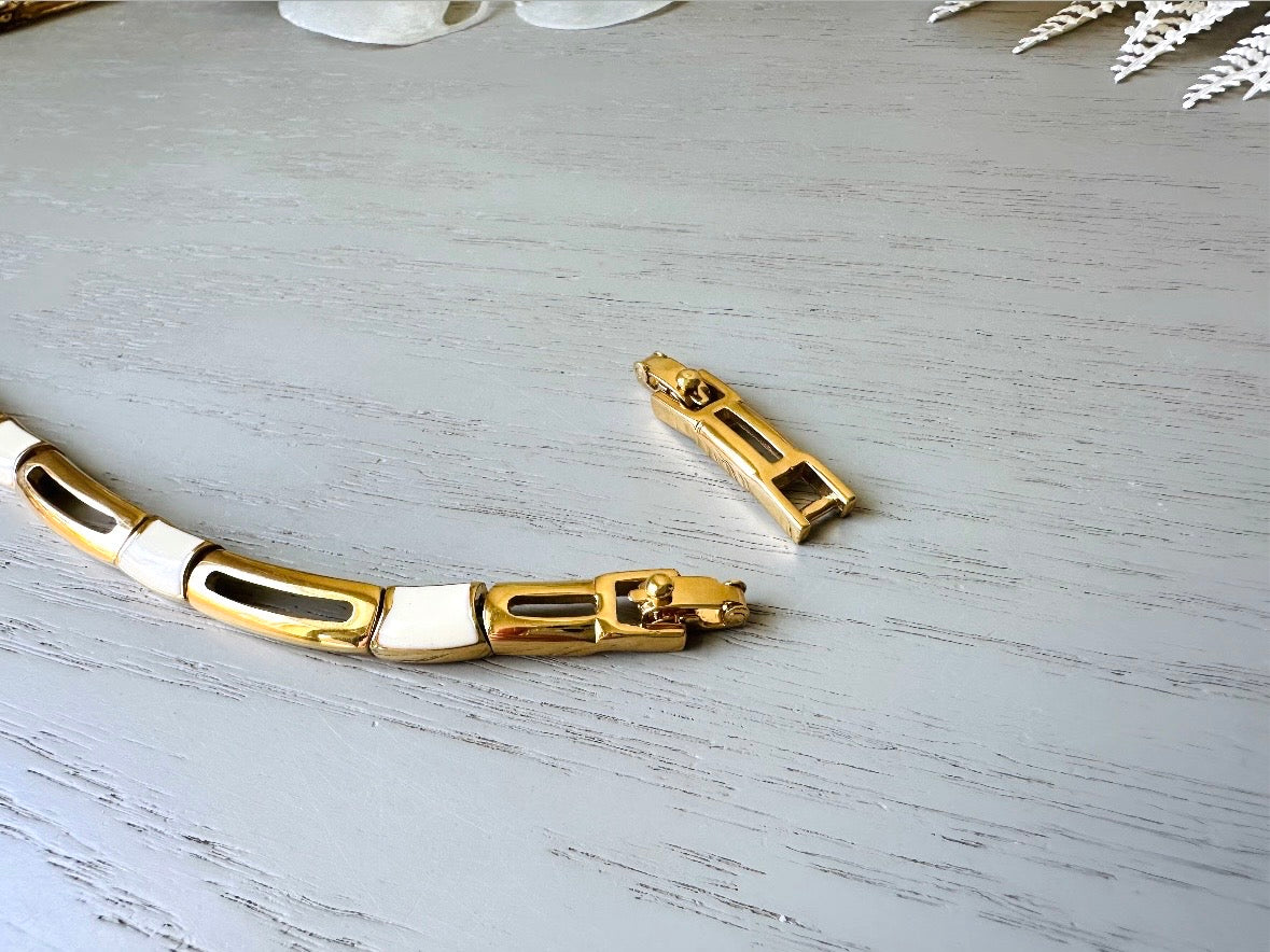 Vintage Monet Necklace in Cream and Gold, 1970s Vintage Designer Jewelry, Geometric Gold Bar Panel Link Choker Necklace, Adjustable Length