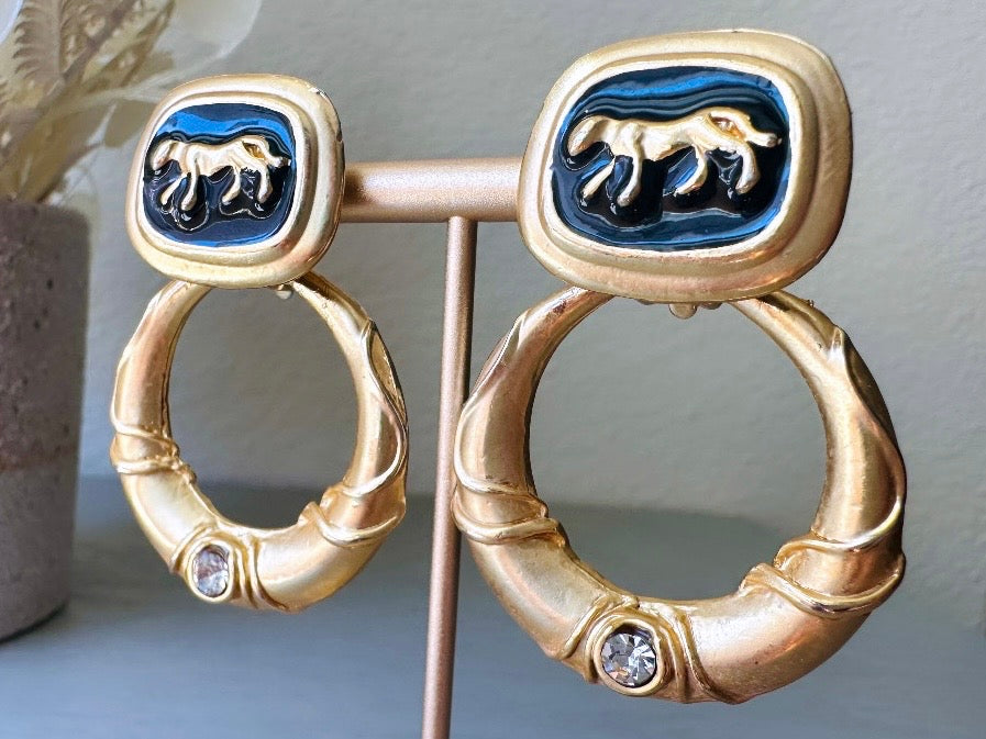 Vintage Panther Earrings, Black Enamel Rhinestone Convertible Earrings, Fantastic 1980s Matte Gold Hoop Earrings, 1980s VTG Clip On Earrings
