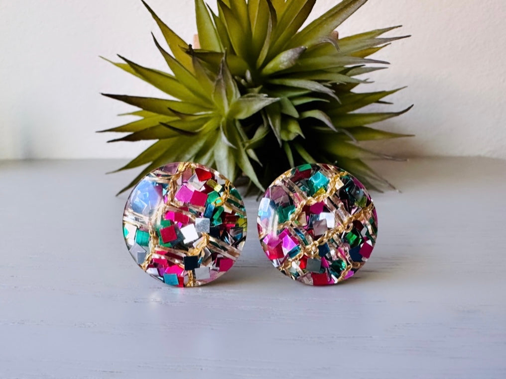 Rainbow Confetti Earrings, Glitter Rainbow Party Earrings, Vintage Colorful Confetti Clip on Earrings, Mod 60s Retro Fashion