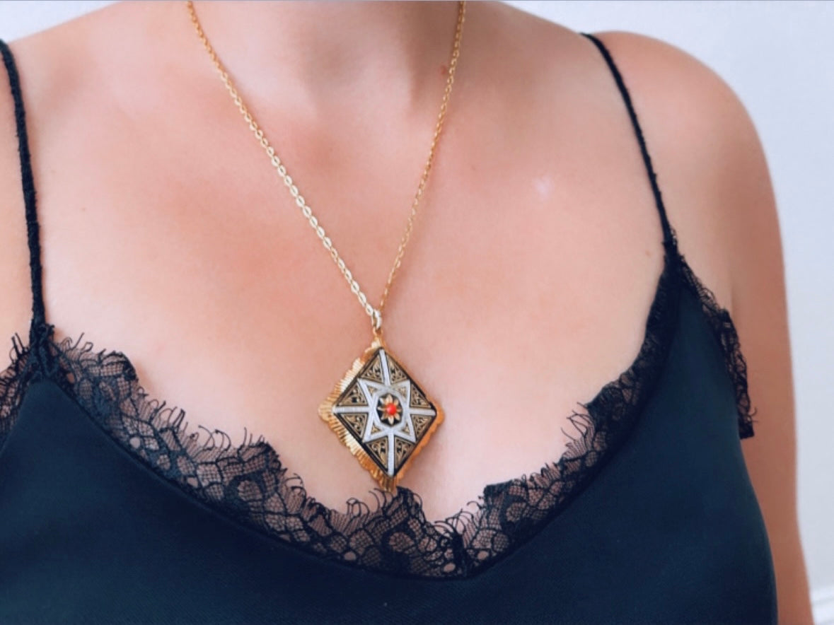 Vintage Spanish Damascene Necklace, Gold, Black and Silver with Orange Ballotini Bead, Vintage Gold Diamond Pendant Statement Necklace