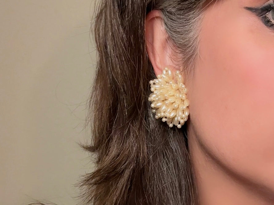 Pearl Pom Pom Earrings, Incredible Vintage Statement Earrings, Dreamy Cream Pearl Earrings, Extravagant Pearl Cluster Cocktail Earrings