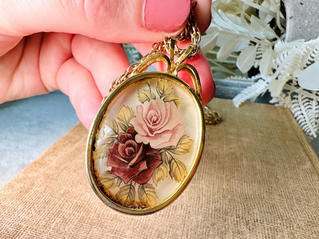 Victorian Pendant Necklace, Vintage Floral Cameo Necklace, Whimsical Cottagecore Long Gold Tone Chain with Romantic Glass Flower Pendant