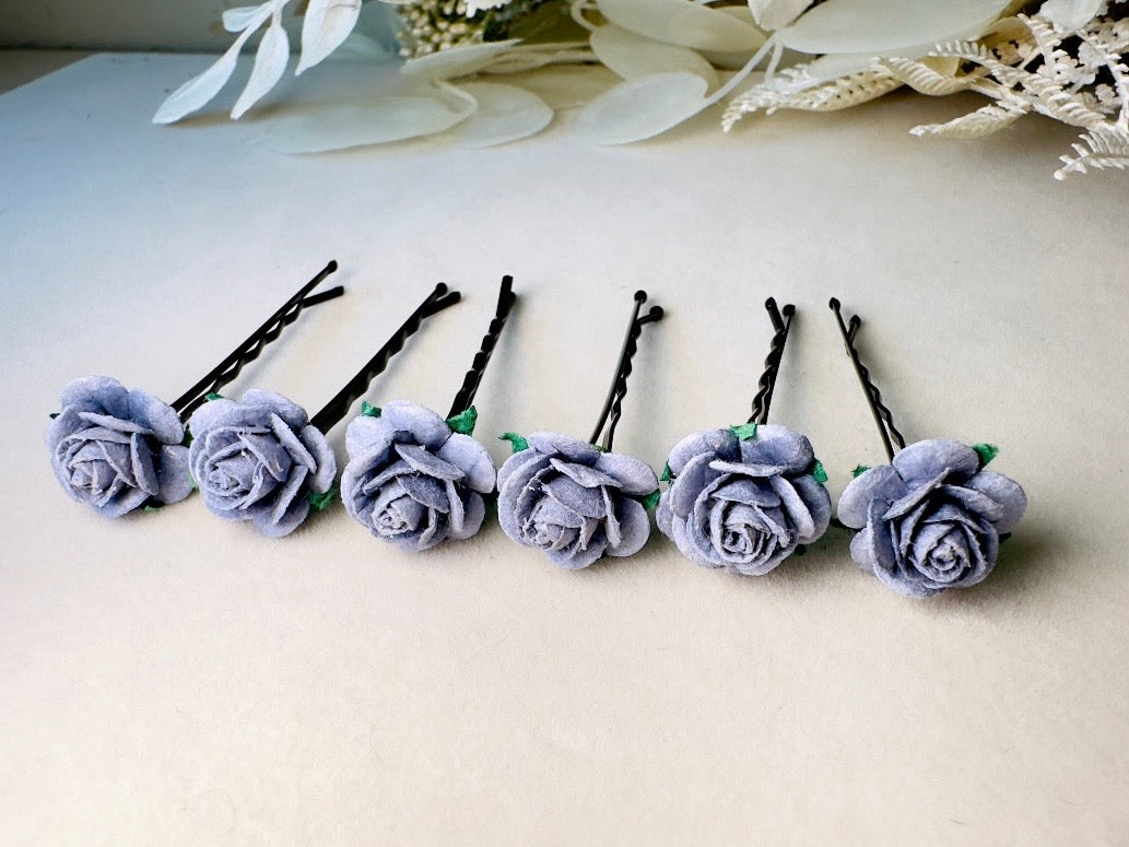 Dark Grey Rose Hair Pin Set, 6 Handmade Paper Flower Bobby Pins in Beautiful Deep Gray, Timeless Bridal Hair Accessories for Floral Wedding MPR6