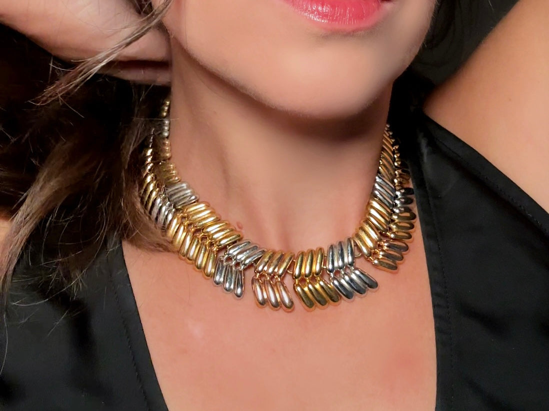 Vintage Monet Collar Necklace, Striking Tritone Cleopatra Choker in Gold, Silver + Copper, Chunky Herringbone Articulated Statement Necklace