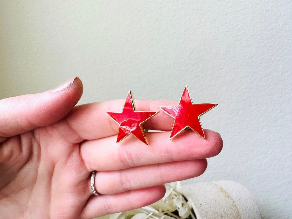 Vintage Red Star Clip On Earrings, 1980s Rockstar Glam