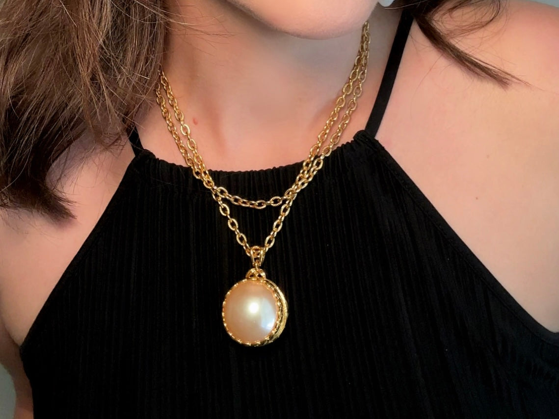Pearl Locket Necklace, LCI Gold Locket Pearl Sphere Pendant Necklace, Long Gold Chain Vintage Liz Claiborne Pearl Locket Pendant