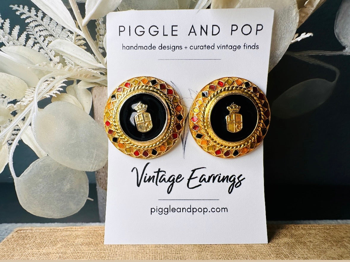 Etruscan Gold Vintage Liz Claiborne Clip On Earrings with Jeweltone Border, 1980s Classic Gold Earrings, Oversized Black Medallion Crest Non-Pierced