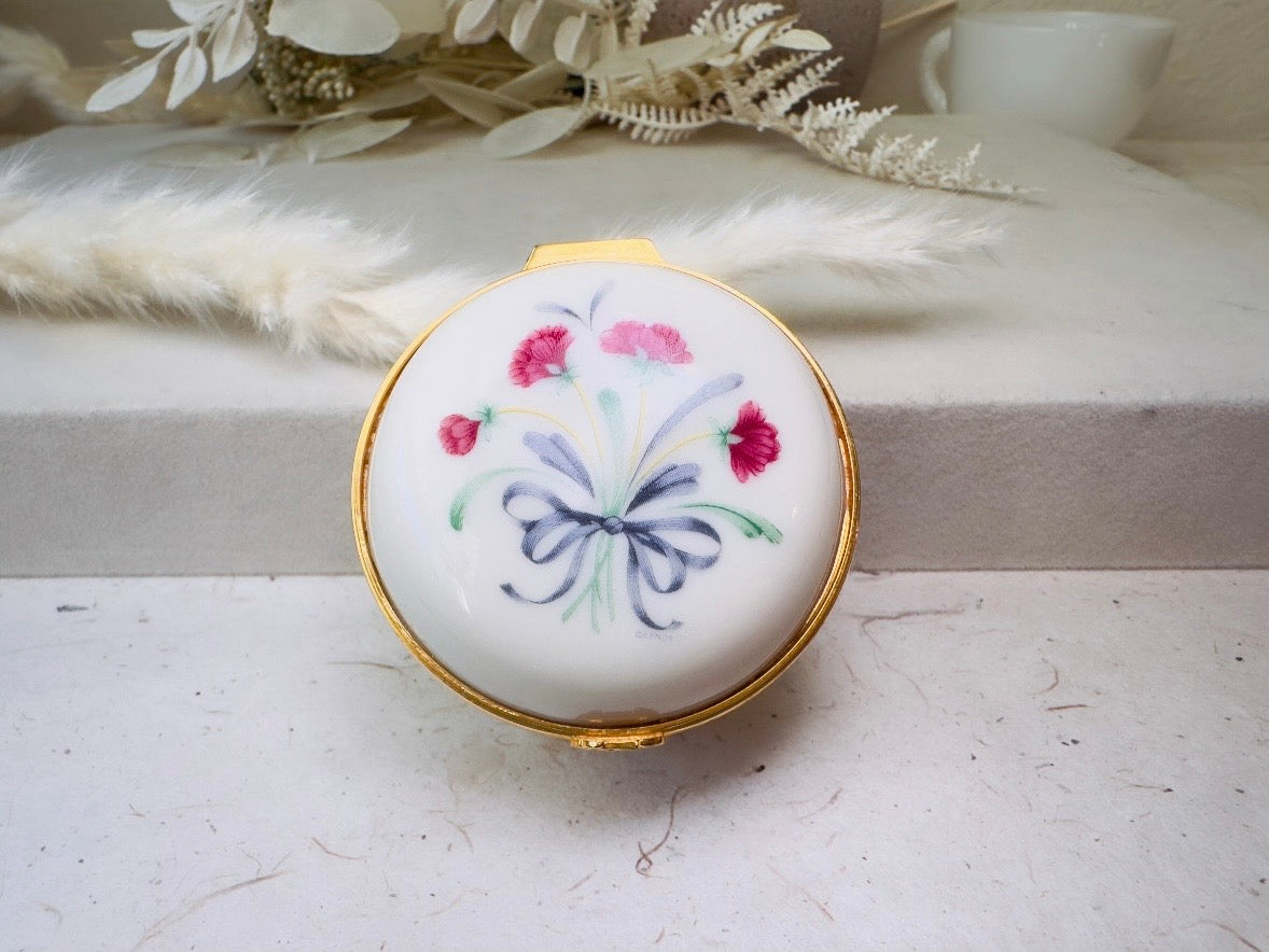 Vintage Lenox Trinket Box, Floral Porcelain Miniature Jewelry Box, Retired Cream Ceramic with Gold Accents, Pink Flowers, Blue Ribbon