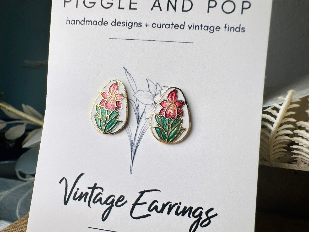 Vintage Flower Earrings, Gorgeous White Enamel Teardrops with Pink Green and Gold Cloisonné