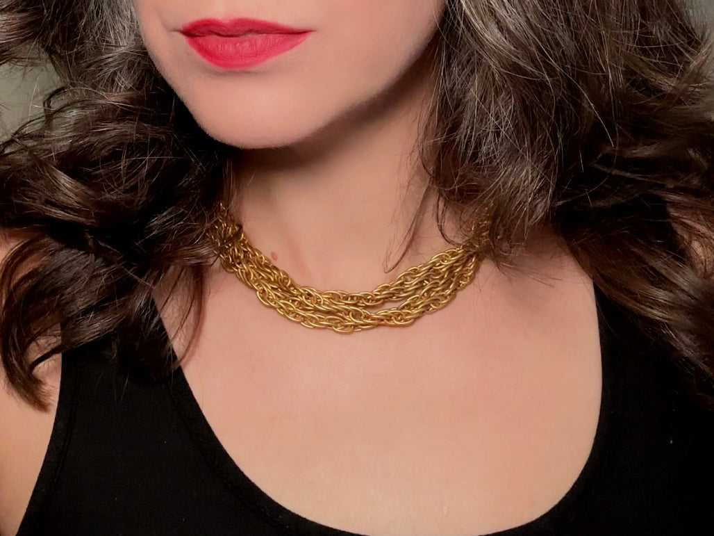 Matte Gold Chain Necklace with Pearl Pendant, Vintage Etruscan Multistrand Necklace by Premier Designs
