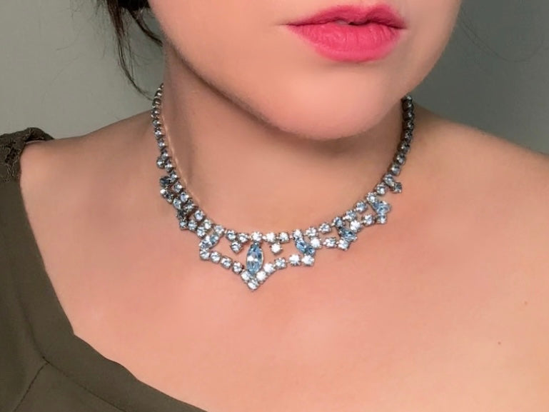 Vintage Blue 1960s Rhinestone Choker Necklace