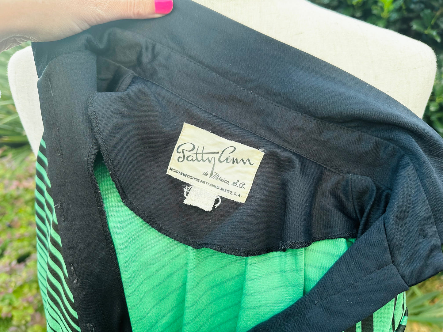 Black and Green Striped Mod A-Line 1970s Vintage Dress, Shirtwaist Collared Secretary Day Dress, Geometric Stripe Print Sleeves, Size Small from Piggle and Pop