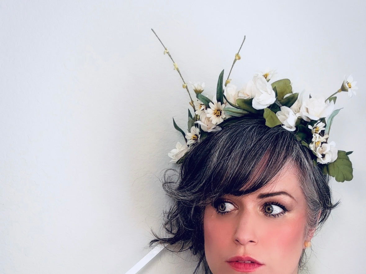 Ivory Flower Crown, Handmade Woodland Nymph Bridal Floral Hair Wreath, Cream Forest Queen Headpiece
