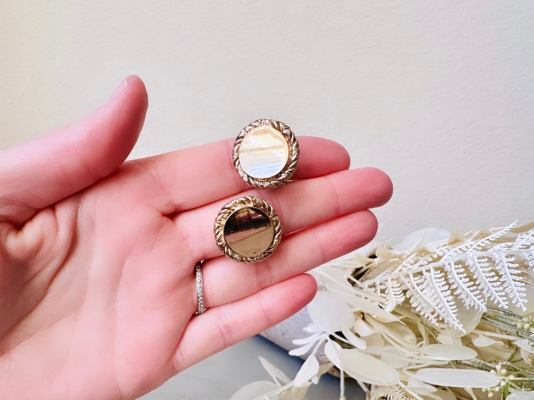 Gold Vintage Clip On Earrings with Rope Border, Unique Classic Gold Button Earrings 3/4" Clip-Ons for Non-Pierced, Bergere Earrings