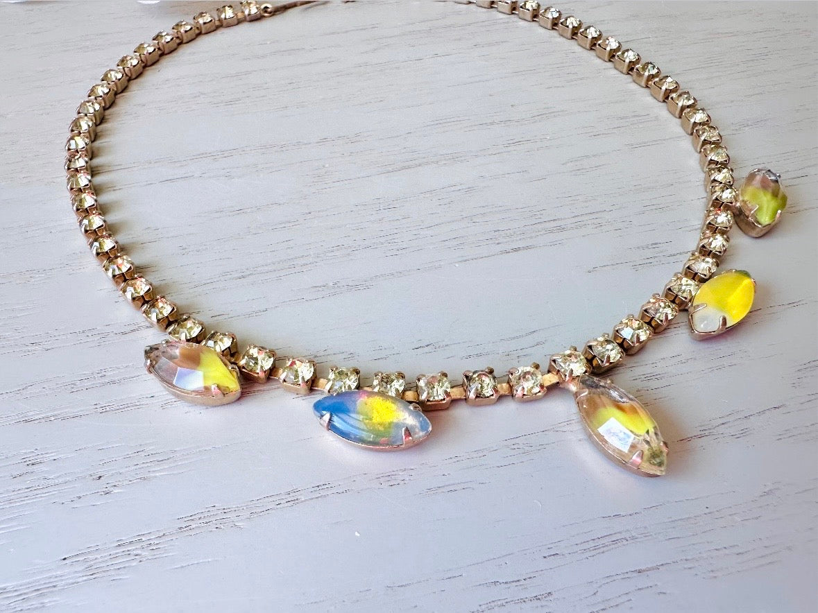 Vintage Tennis Necklace, Gorgeous Green Faux Opal 15" Crystal Choker Necklace with Prong Set Green Rhinestones and Colorburst Marquise Glass Stones