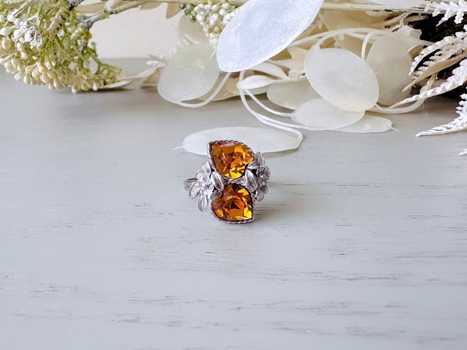Vintage 70s Ring, Topaz 1973 November Birthstone Cocktail Ring, Double Heart Love Story Ring, Chunky Costume Jewelry, Vintage Sarah Coventry