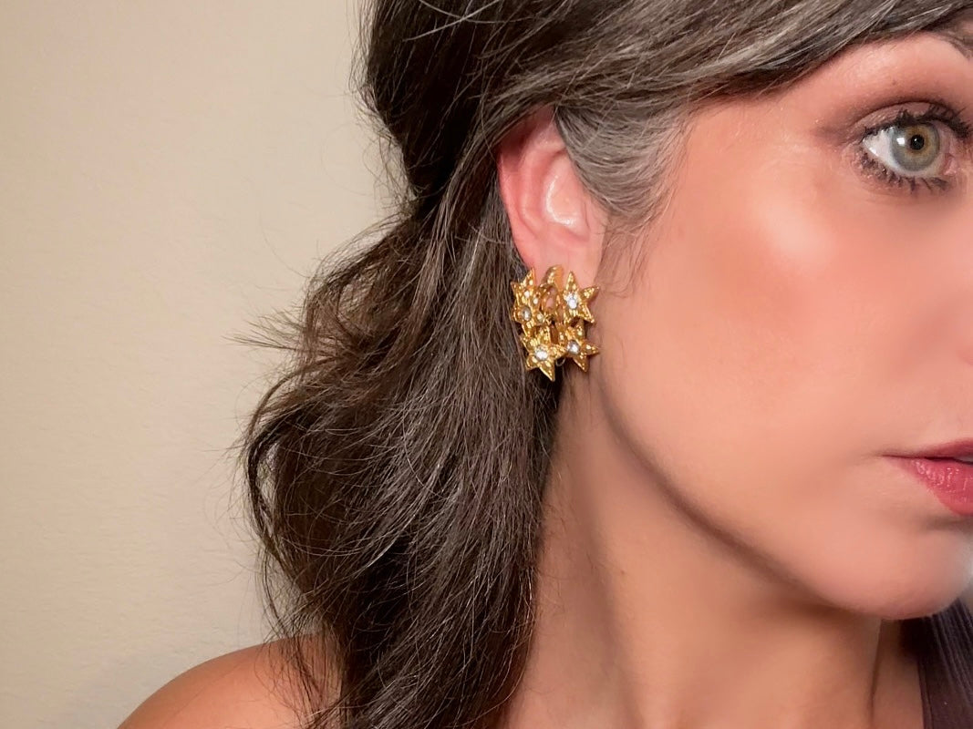 Vintage Star Earrings, Dimensional Gold and Rhinestone Statement Earrings, Unique Celestial Dangle Earrings, Star Charm Clip Ons