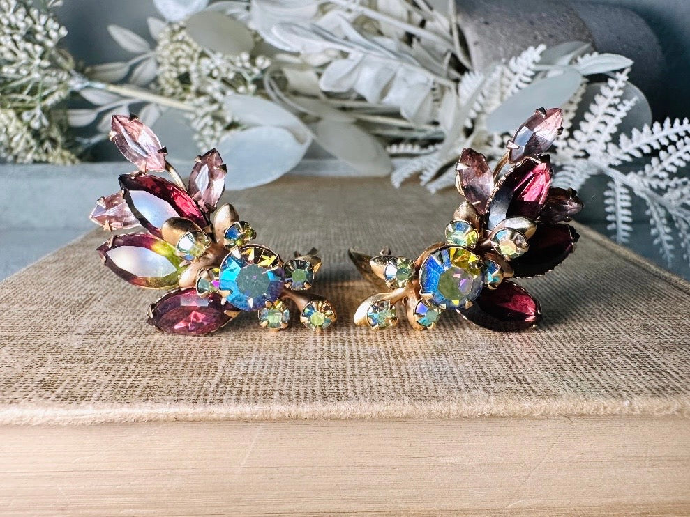 Vintage Rhinestone Earrings, Stunning Plum Pink and Green 1960s Cocktail Earrings, Sparkling Marquise Cut Amethyst Wing Statement Earrings