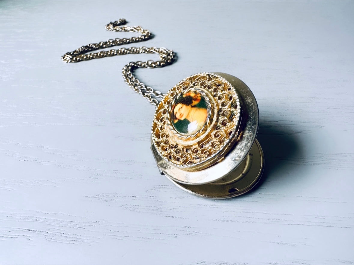 Vintage Victorian Cameo Locket Necklace, Antique Gold Victorian Revival Necklace, 1960s Woman Cameo Necklace