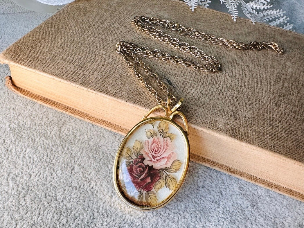 Victorian Pendant Necklace, Vintage Floral Cameo Necklace, Whimsical Cottagecore Long Gold Tone Chain with Romantic Glass Flower Pendant