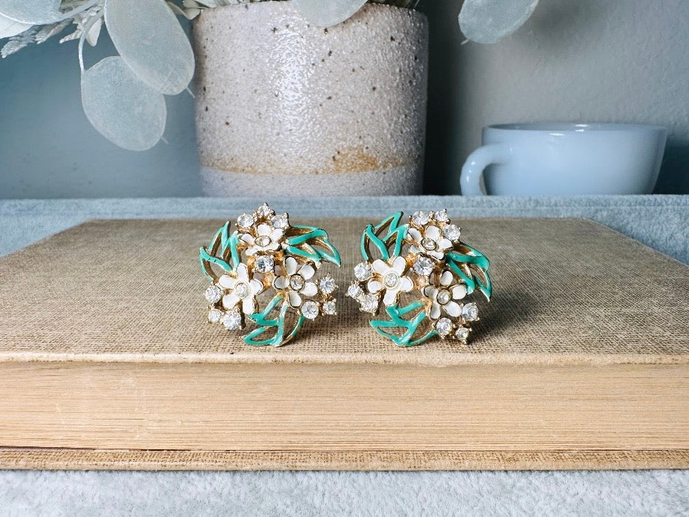 Vintage Enamel Flower Earrings, 1940s Charel Gold Floral Earrings w Green & Cream Painted Flower Clusters, Clip On Designer Signed Earrings